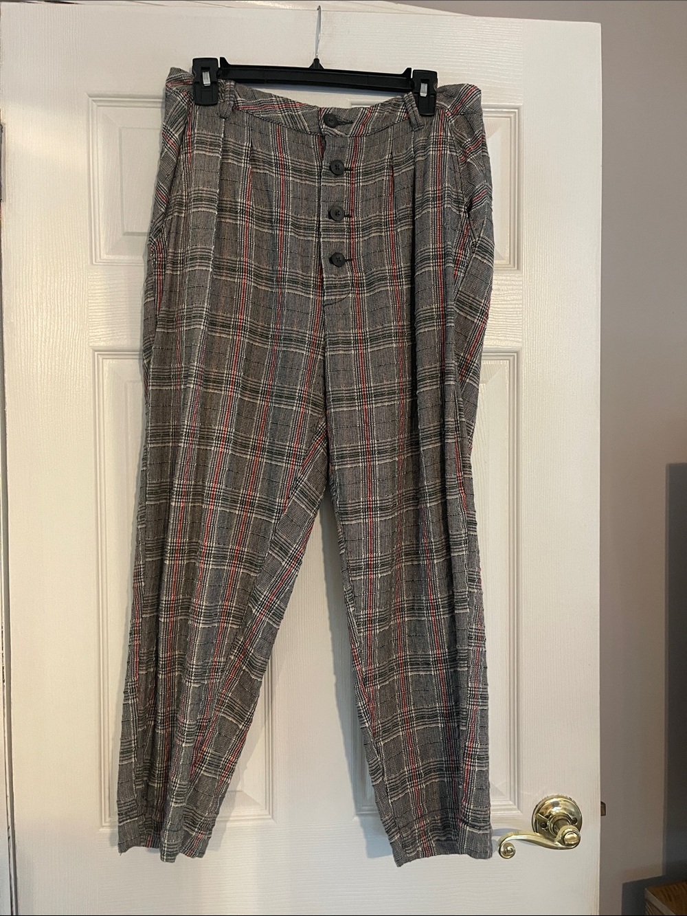 Free People Plaid High-Waist Button-Front Trousers in Gray and Red